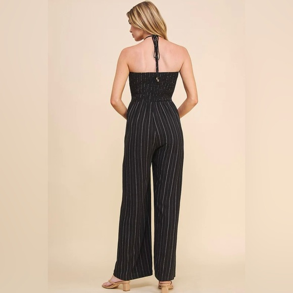 BNWT! Allie Rose, Harlow Halter Tie Jumpsuit in Black, Washed Pinstripe - Picture 3 of 12